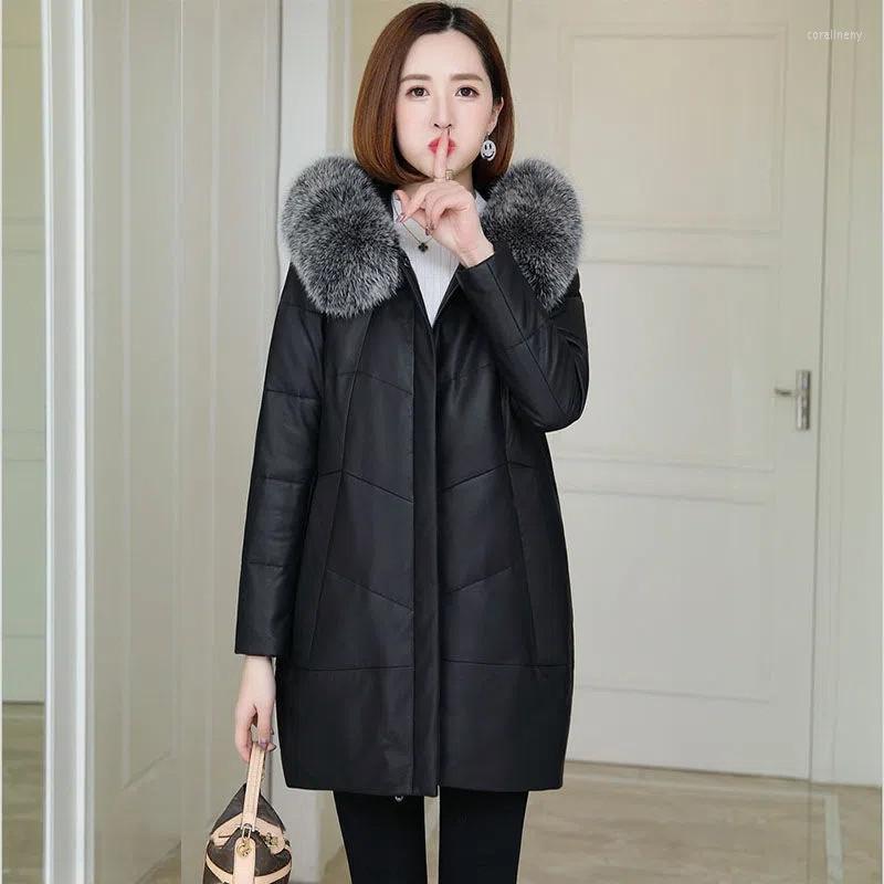 

Women's Leather Women PU Jacket 2022 Korean Winter Thicken Faux Fur Coat Collar Long Female Outerwear 5XL, Black