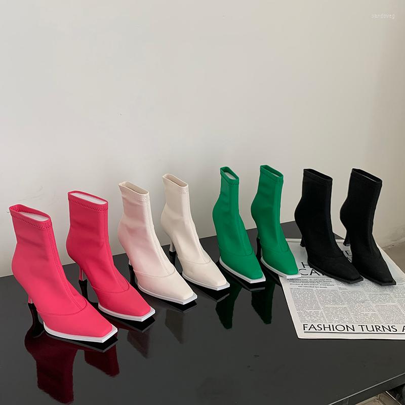 

Boots Square Toe Women Ankle Stretch Shoes Candy Color Green/Black/White/Pink Autumn Spring Sock Thin High Heels Party 39