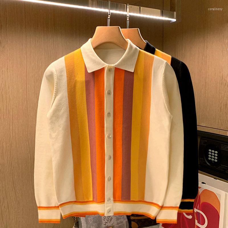 

Men' Sweaters Stripe Patchwork Men Fashion Casual Turn-Down Collar Knit Pullovers Loose Retro Harajuku Hip Hop Streetwear Unisex D112, Black