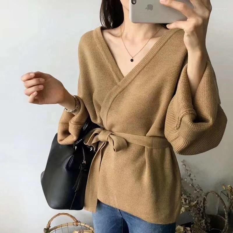 

Women's Knits Women's & Tees Loose Autumn Winter Sweater Women Cardigans Solid Color V-neck Long Sleeve Female Sweaters Waist Belt Warm, Black