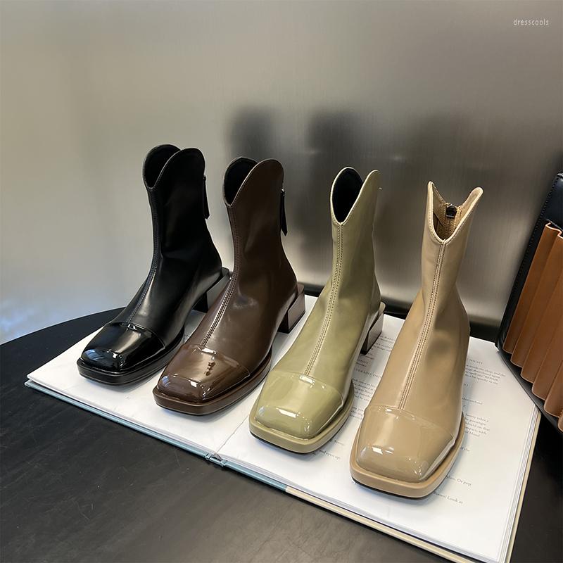 

Boots Square Toe Women Ankle Solid Color Thick Mid Heels Black Green Brown Beige Patent Leather Sock Botas Party Pump Size 35-39