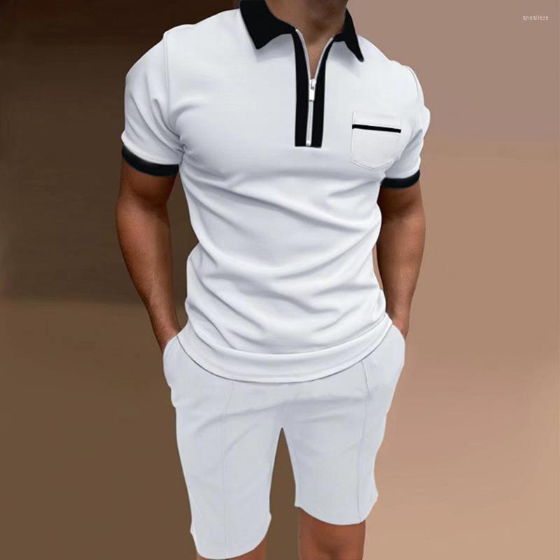 

Men's Tracksuits 1 Set Contrast Color Men Top Shorts Elastic Waist Slim Turndown Collar Summer Lapel Two Piece For Daily Wear, Black