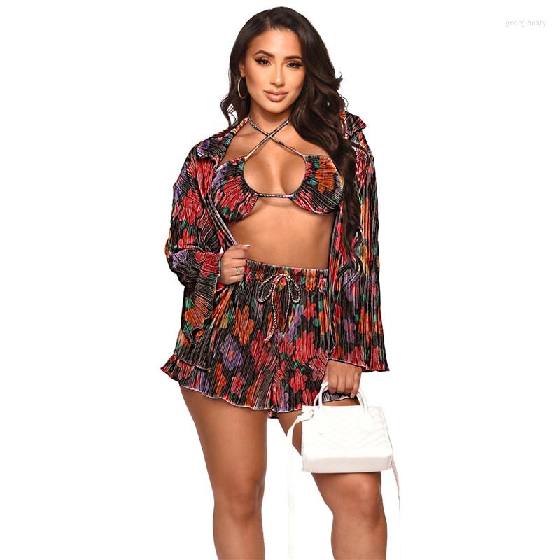 

Women' Tracksuits Europe And The United States Sexy Bra Lace-up Printed Shorts Shirt Jacket Summer Beach Party Women Suits, Black