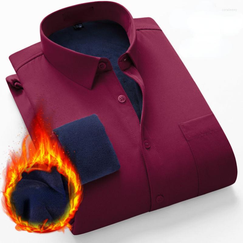 

Men's Dress Shirts Mens Winter Fleece Warm Shirt Non Iron Fashion Long Sleeve Business Formal Regular Fit Office Camisa Social Gozbkf, Red