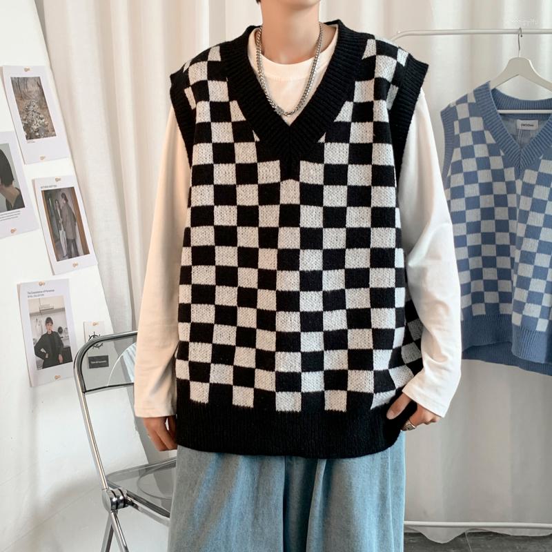 

Men's Vests Autumn Plaid Sweater Vest Men Fashion Casual Knitted Pullover Korean Loose Sleeveless Mens Jumper Clothes -2XL, Black