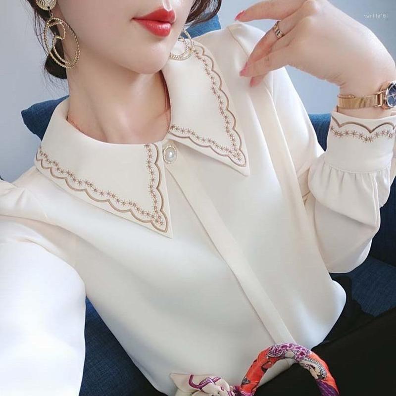 

Women's Blouses Chiffon Shirt Women 's Long Sleeve 2022 Spring Clothes Embroidery Collar Design Sense Western Style Top, Pink