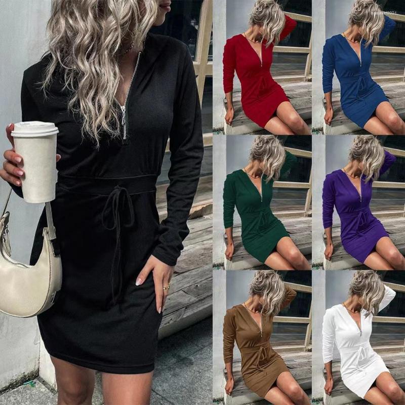 

Casual Dresses 2022 Autumn And Winter European American Hooded Sweater Dress Black Slim Bag Hip Skirt