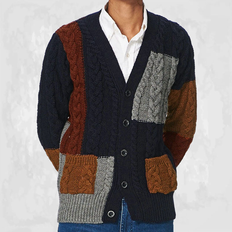 

Autumn winter new patch patchwork color sweater leisure cardigan sweater jacket for men, Navy