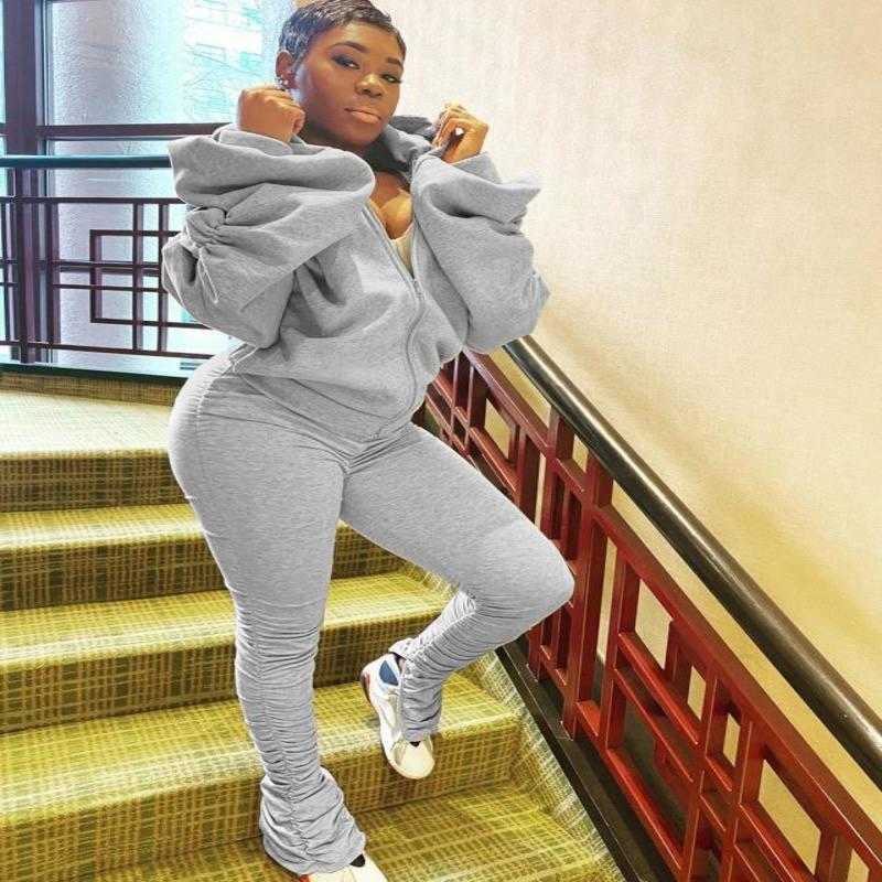 

Womens Tracksuits Straight Pleated Split Pants Bubble Sleeve Backless Hooded Sports Two Piece Set, Apricot