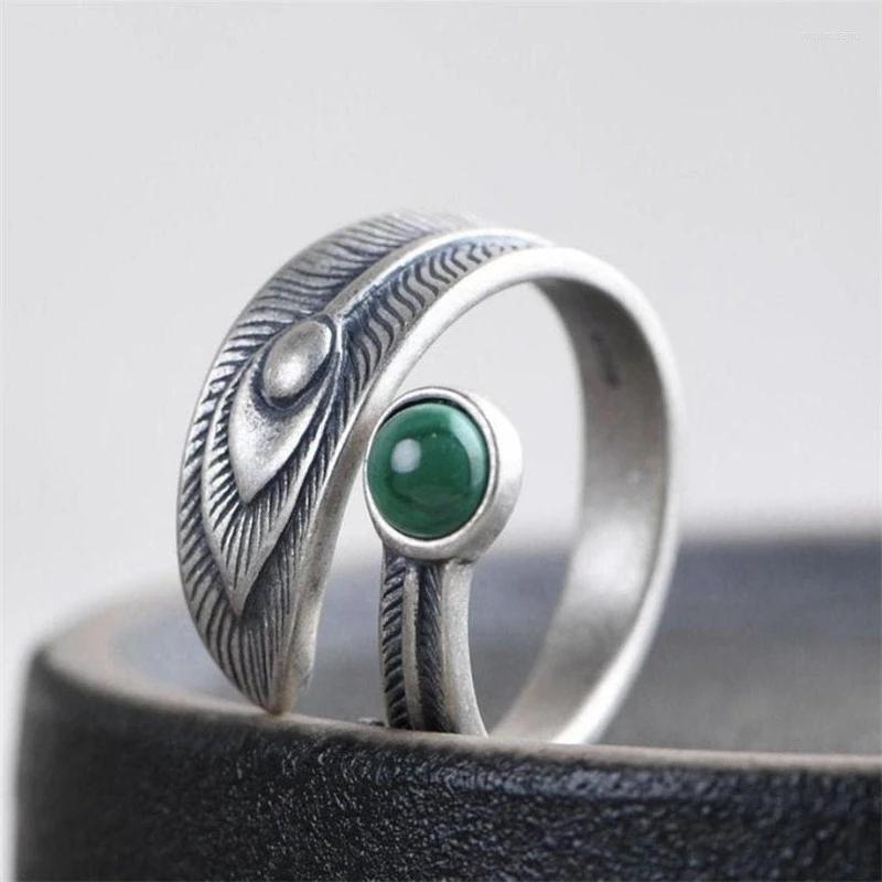 

Cluster Rings Vintage Green Malachite & Feather Open For Women Female Party Adjustment Ring Boho Fashion Jewelry