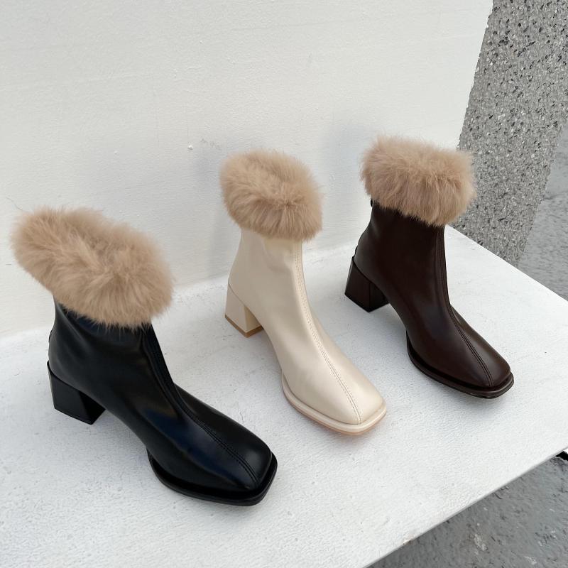 

Boots Autumn Winter Women Ankle Square Toe Stretch Shoes Thick Mid Heels Black Brown White Fur Design Fashion Short Booties 39