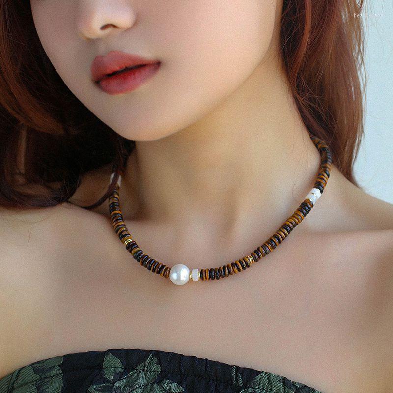 

Choker Timeless Wonder Fancy Tiger Eye Stone Pearl Geo Necklace For Women Designer Jewelry Punk Ins Party Runway Goth Top 1431