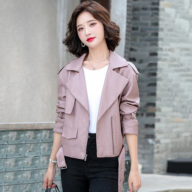 

Women's Leather Spring Autumn Women Jacket 2022 Ladies Suit Collar Solid With Belt Zipper Biker Coat Female Casual Moto Outerwear, Beige