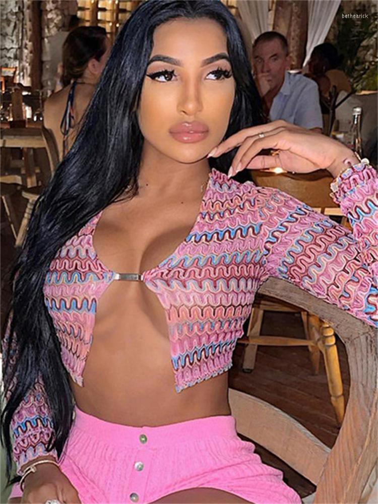 

Women' T Shirts Yesikey Personality Cardigan Top High Street Casual Sexy Single Button Long Sleeve Deep V Print T-Shirt Skinny Low Cut, Pink