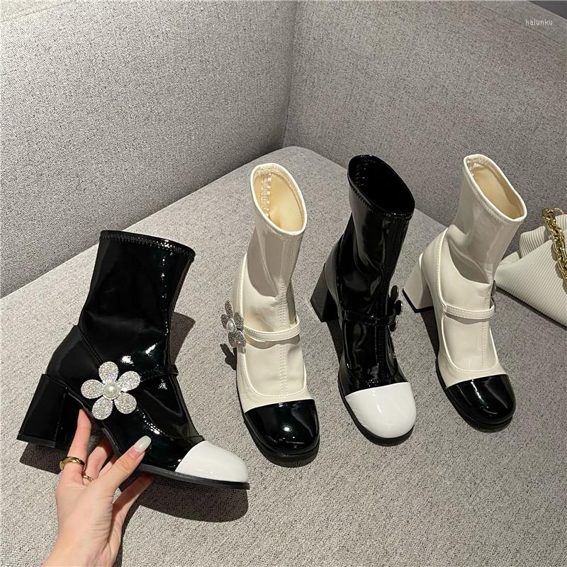 

Boots Fashion Women Ankle Round Toe Mixed Color Black Beige Flower Rhinestone Design Thick High Heels Slip On Sock Booties
