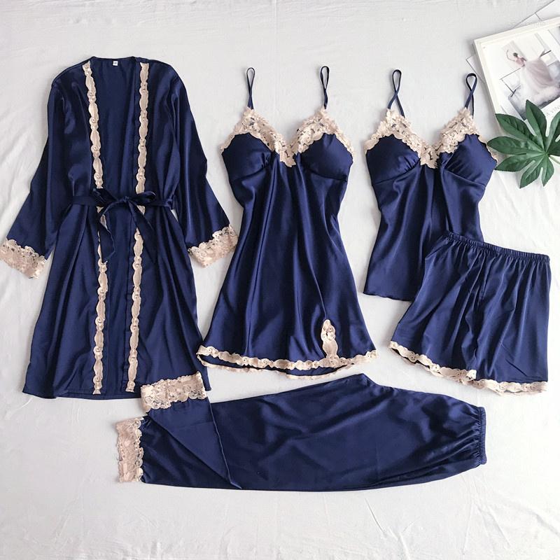 

Women's Sleepwear 5PCS Robe Set Pyjamas Women Satin Lace Nightwear Sexy V-Neck Rayon Pajamas Suit Silky Sleep Wear Home Negligee, A-5pcs blue