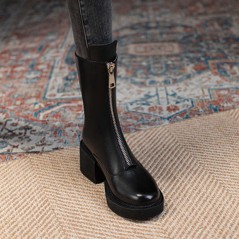

Front zipper mid boots Women's 2022 new autumn and winter knight thick soled Martin boots Soft leather chimney thin short boots, Black