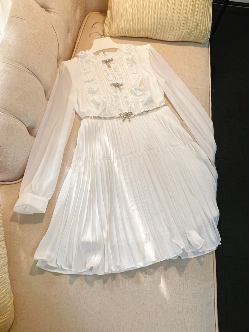 2022 Autumn Round Neck Ruffle Rhinestone Bow Dress Blue / White Long Sleeve Solid Color Pleated Short Casual Dresses O2O31822