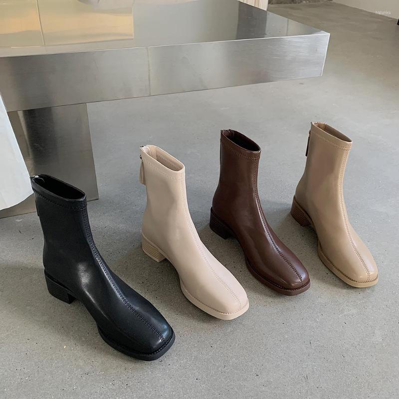

Boots Round Toe Women Ankle Sock Botas Flat Mid Heels 2022 Arrivals Dress Shoes Back Zipper Party Pumps Short 35-40, Black