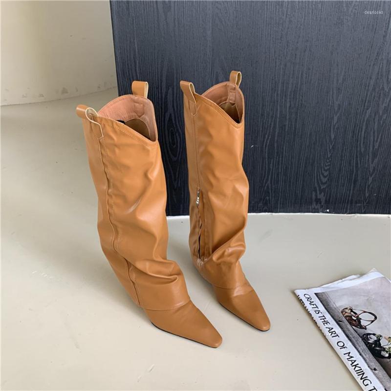 

Boots Pointed Toe Women Knee High Western 2022 Arrivals Yellow Side Zipper Fashion Party Pumps Wedge Heels Winter