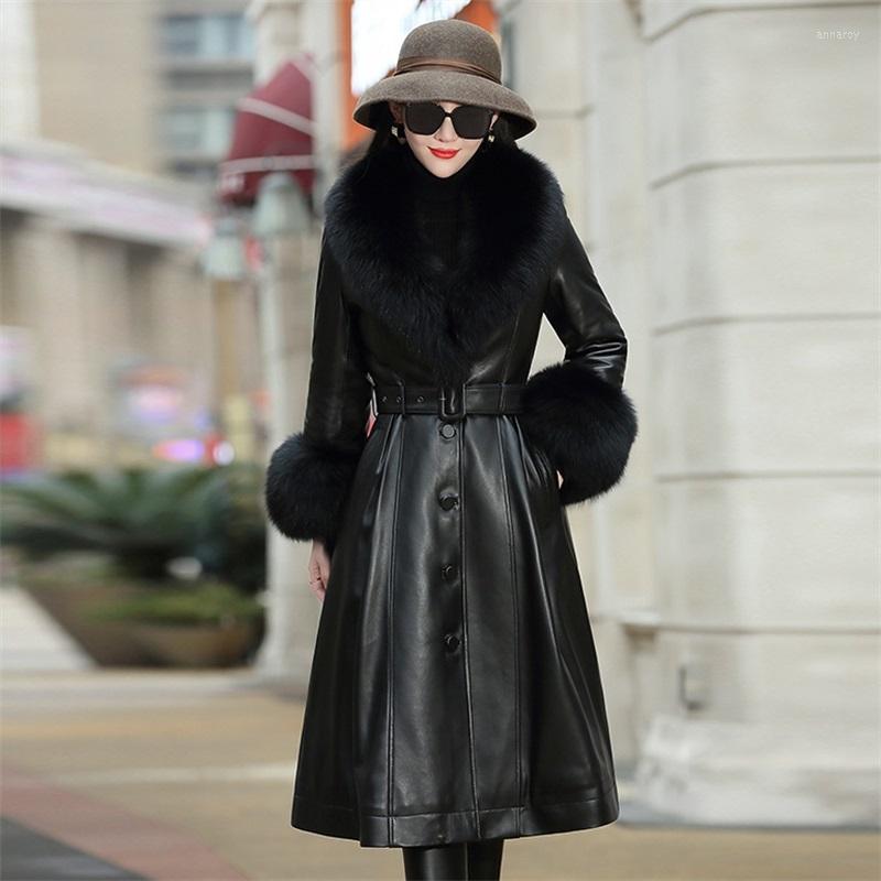 

Women's Leather Black Mid-length Down Coat High Street Korean Sheepskin Jacket Women Autumn Winter Collar Trench, Black1228