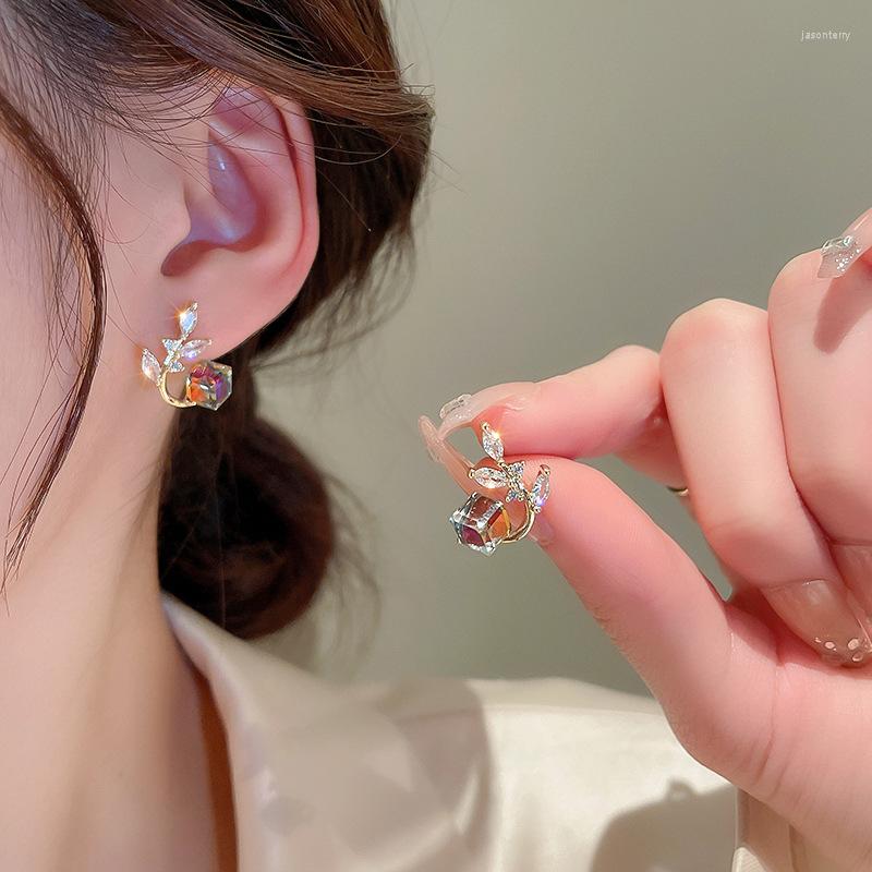 

Stud Earrings MENGJIQIAO Korean Cute Colorful Sqaure Crystal For Women Delicate Zircon Leaves Boucle D'oreille Jewelry Gifts