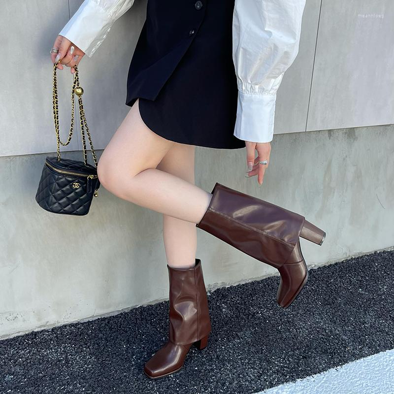 

Boots Elegant Women Knight Mid Calf Booties Square Toe Black Brown Khaki Side Zipper Fashion Winter Woman Size 35-40