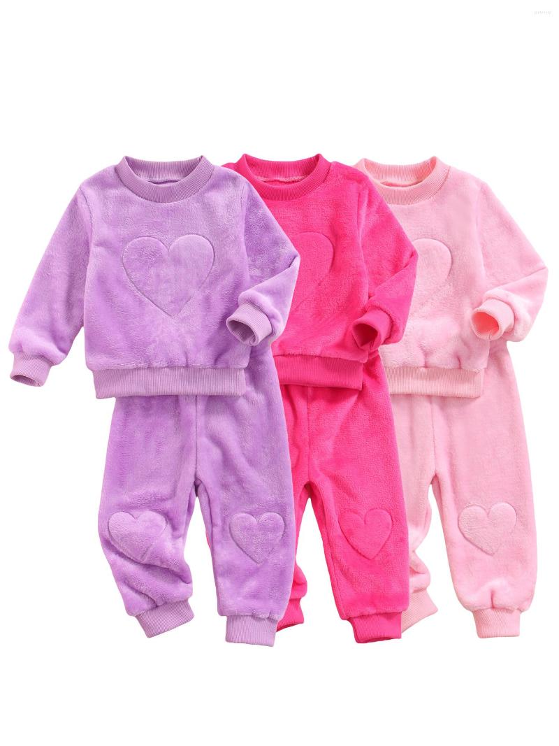 

Clothing Sets Kids Winter Tracksuit Flannel Solid Color Heart Pattern Round-Neck Long Sleeve T-Shirt Pants For Little Girls 1-5 Years, Pink