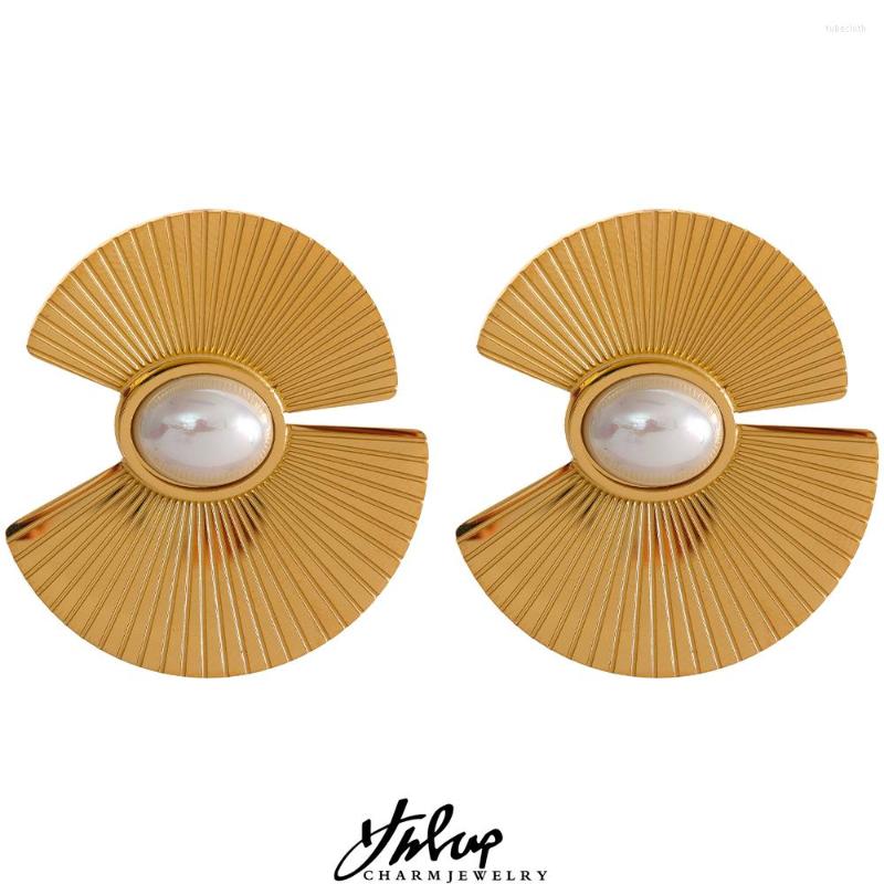 

Stud Earrings Yhpup Charm Fan Imitation Pearl Flowers Stainless Steel Hyperbolic Fashion Big Trendy Personality Jewelry Women