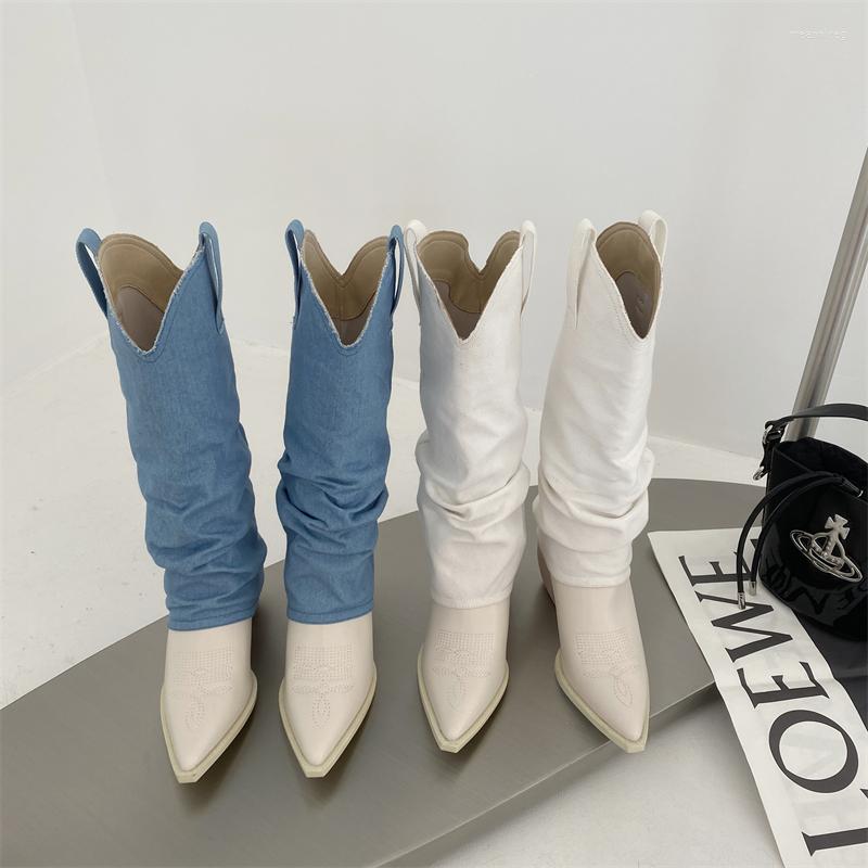 

Boots Fashion Women Knee Pointed Toe Denim 2022 Arrivals White Blue Western Botas Thick Mid Heels Winter 35-39