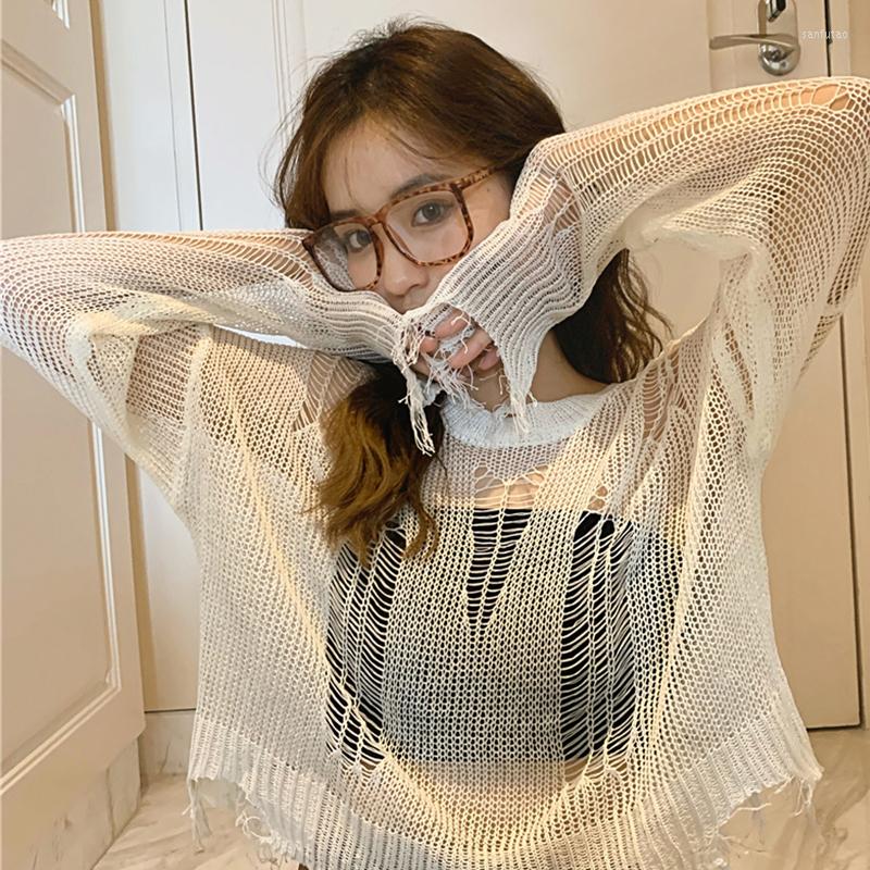 

Women's Blouses Loose Women Knitted Shirt 2022 Fashion Lady Hollow Out Hole Blouse Gothic Thin Streetwear Stretch Split Short Crop Tops, Black