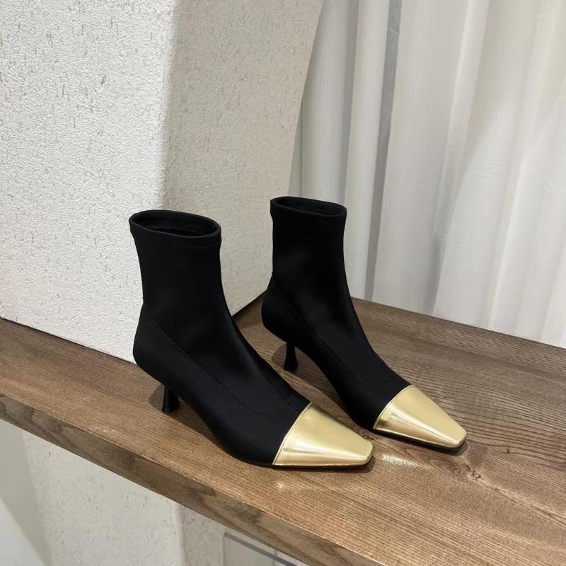 

Boots Fashion Women Ankle Stretch Shoes Thin Mid Heels Black Brown Slip On Sock Botas Mixed Color Autumn 35-39