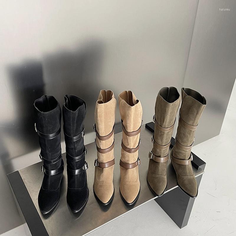 

Boots Round Toe Women Knee High Belt Buckle Flock Flat Low Heels Beige Black Green Knight Booties Winter Party Pumps Elegant