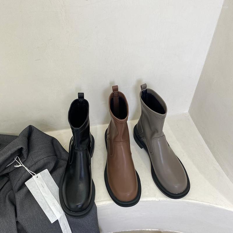 

Boots Round Toe Women Ankle Stretch Shoes Flat Low Heels Black Brown Grey Autumn Winter Sock Booties Back Zipper Short Botas