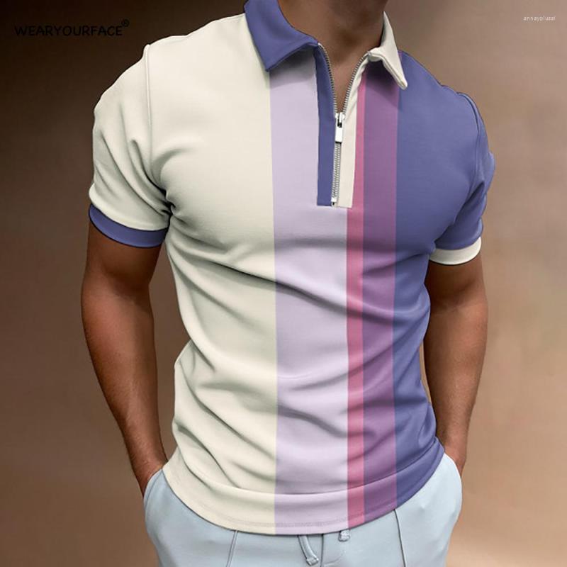 

Men' Polos Gradient Stripe 3D All Over Print Zipper Polo Shirt Short Sleeve Streetwear Vocation Sports Casual Men Plus Size Clothing, A1