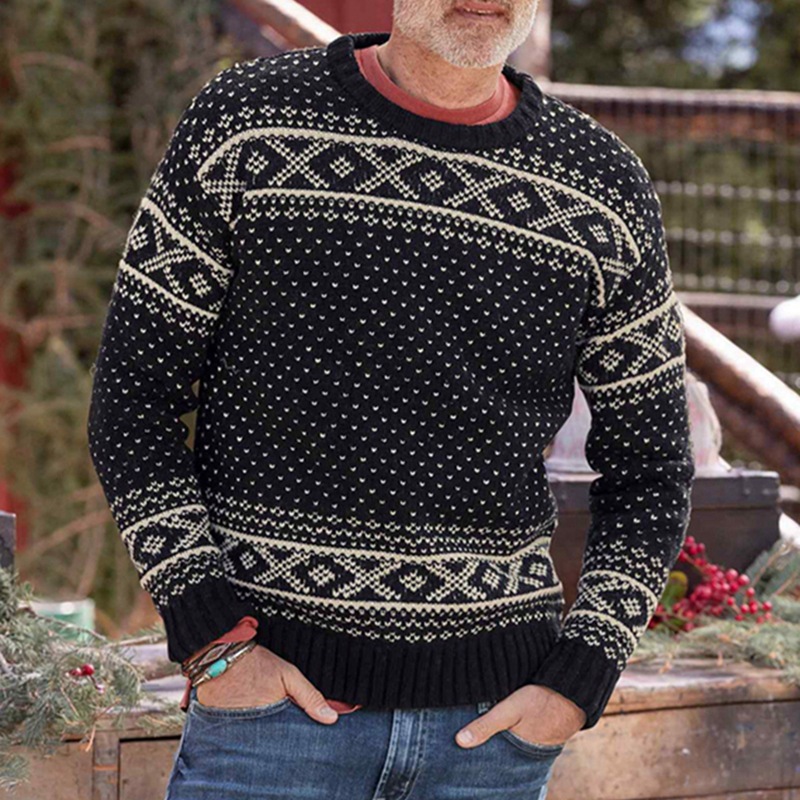 

autumn winter jacquard knit round neck long sleeve sweater for men, Black