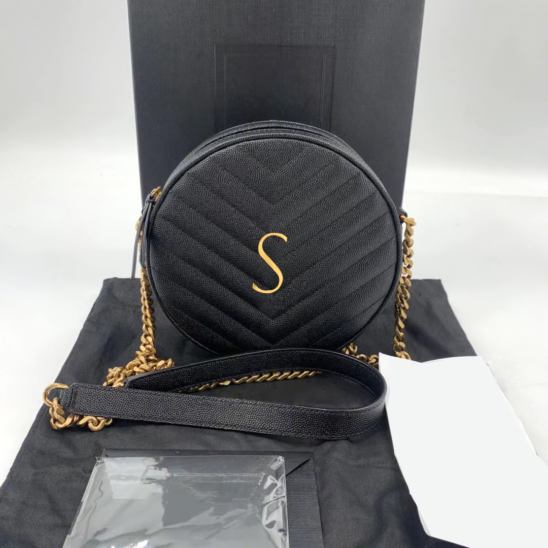

7A quality Genuine leather VINYLE round caviar Bags Women's mens tote crossbody camera gold chain Luxury Designer Evening V-quilted overlock handbag shoulder Bags, Black gold