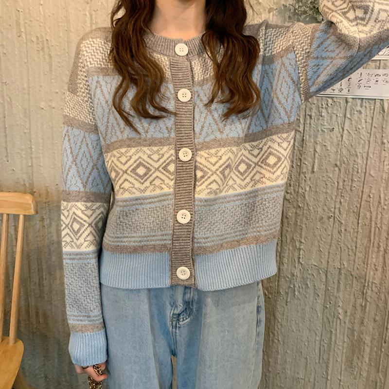 

Women's Knits French Retro Diamond Plaid Cardigan Knitted Sweater 2022 Autumn Casual Style Jacket Women, Gray