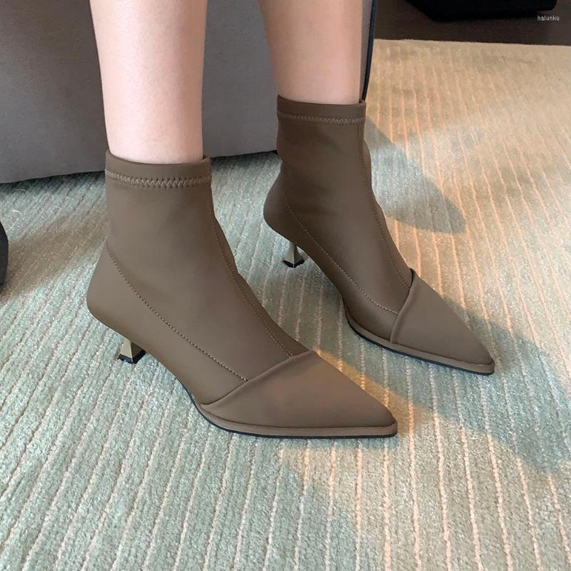 

Boots Pointed Toe Women Ankle Stretch Shoes Thin Mid Heels Sock Booties Shallow Slip On Fashion Autumn Winter Dress Woman, Black