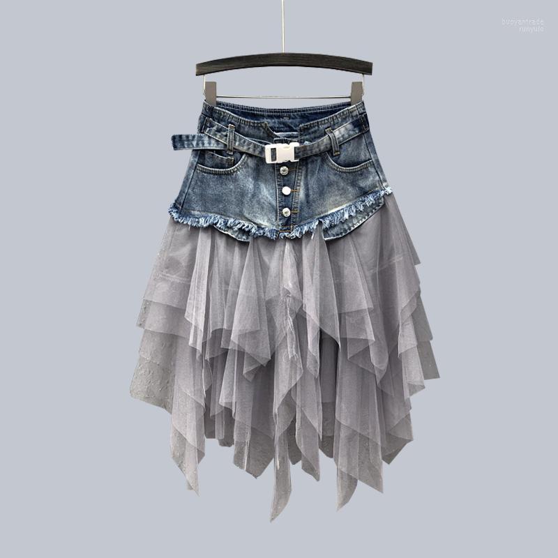 

Skirts Women' Summer Denim Skirt Korea Style Cowboy Net Yarn Splicing Fashion Slim A Line Half Length, Black