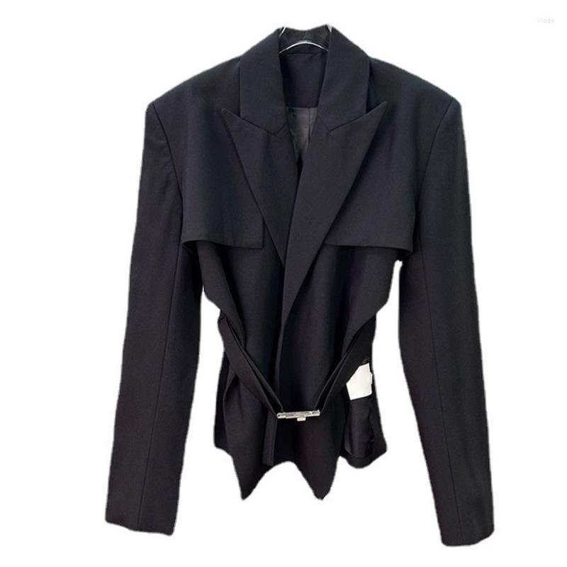

Women' Suits 22 High Quality European Summer Women Casual Suit Coat Cross Design Buckle Belt Blazer Lady Outer Clothes, Black