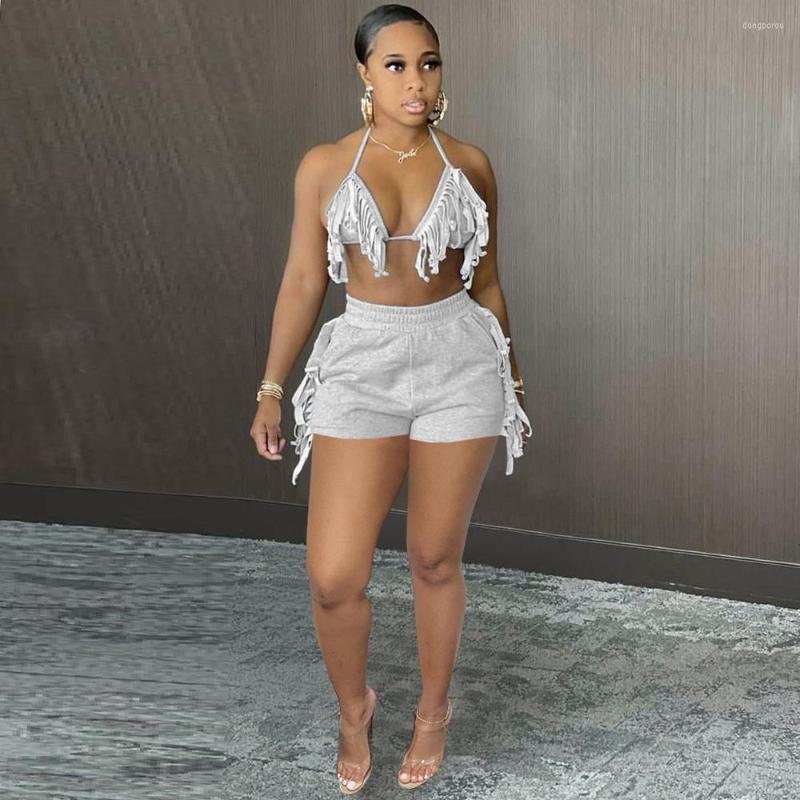 

Women' Tracksuits Night Clubwear 2PCS Outfit Women' Halter Neck Open Back Self Tie Bra Crop Top Tassel Stretchy Mini Shorts Pants Sexy, Black