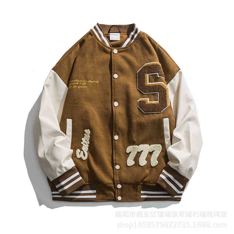 

hoodieSpring Couple Brown American Leather Sleeve Baseball Jacket Men's Spring and Autumn Youth Large Size Thin Jacket