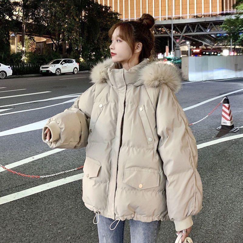 

Women' Down Cotton Jacket Female Bread Clothes Loose Hooded Coat 2022 Winter Korean Version Thickened Students Short Warm Parka, Black