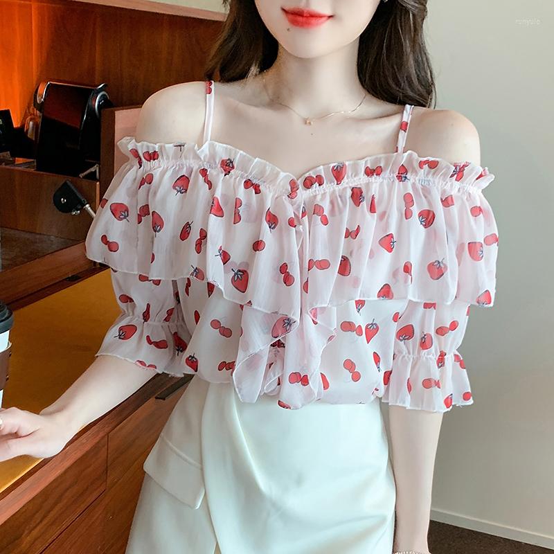 

Women' Blouses Print Blouse For Women 2022 Summer Loose All-Match Ruffled Off Shoulder Strapless Strawberry Printed Chiffon Tops, Floral blouse
