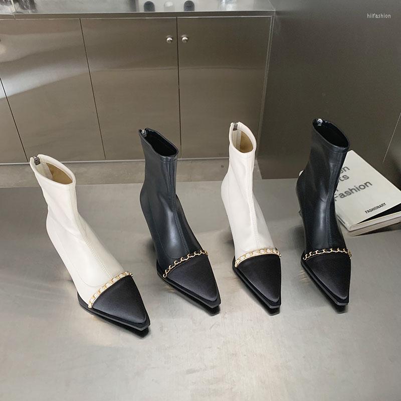 

Boots Mixed Color Women Ankle Pointed Toe Metal Chain Black/Beige Short Stretch Shoes Back Zipper Thin High Heels Party Botas