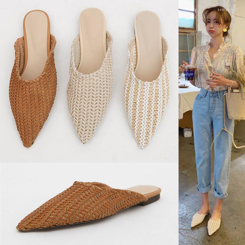 

Slippers South Korea Baotou Pointed Muller Soft Rattan Straw Woven Retro Outer Wear Summer Women's Sandals Fashion All-match Flat-bottom, Ivory