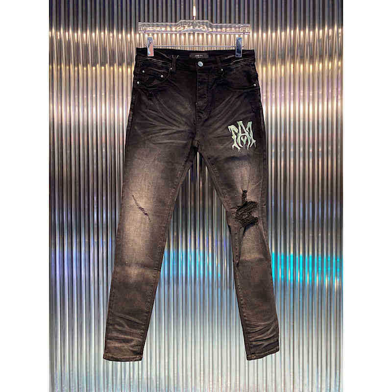 

new wash water old black letter print knee hole Slim Fit Jeans Men's fashion amirly