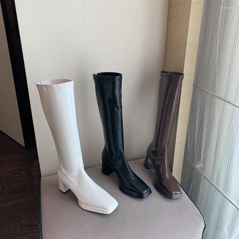 

Boots Square Toe Women Knee High Platform Shoes Thick Heels Stretch Back Zipper Fashion Party Winter White 39, Black