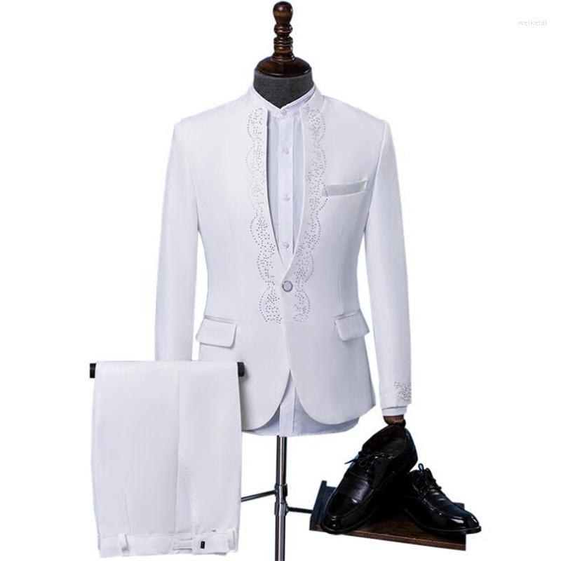 

Men' Suits Drilling For Men Blazer Boys Prom Mariage Fashion Slim Masculino Latest Coat Pant Designs Chorus Clothes, White